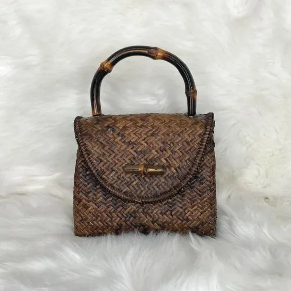 Asiaphile Los Angeles Brown Wicker Bag Bamboo Handle - Picture 1 of 11